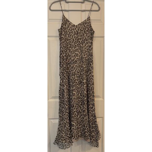 Theory Silk Slip Dress Sz 4 Asymmetrical Waist Maxi Leopard Crinkle Boho Gypsy - Picture 1 of 13